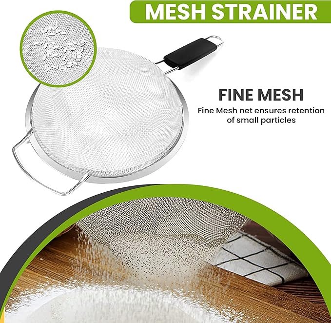 9" Large Extra Fine Mesh Strainer with Thermo Plastic Rubber Handle - Sieve Fine Mesh Stainless Steel - Ideal to Strain Pasta, Quinoa and Rice - Image 7