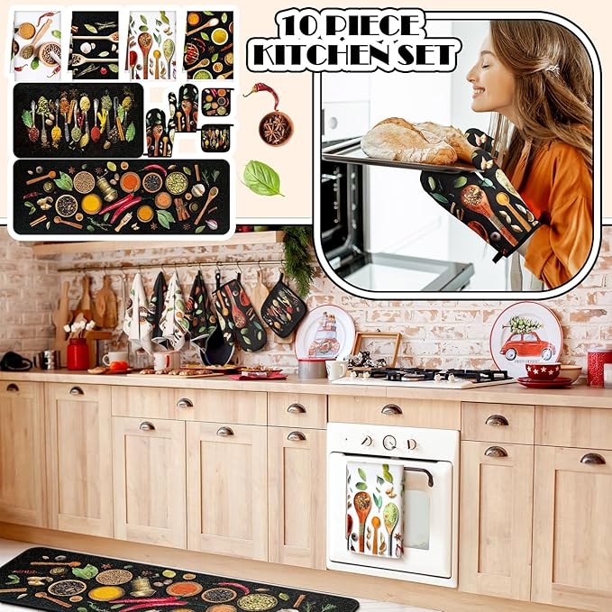 Fourluoo 10 Pcs Farmhouse Kitchen Decor and Accessories Set 4 Kitchen Towels 2 Pot Holders 2 Oven Mitts 2 Rugs for Cooking Baking Mom Housewarming Gifts(Vivid Color,Colorful Spices) - Image 2