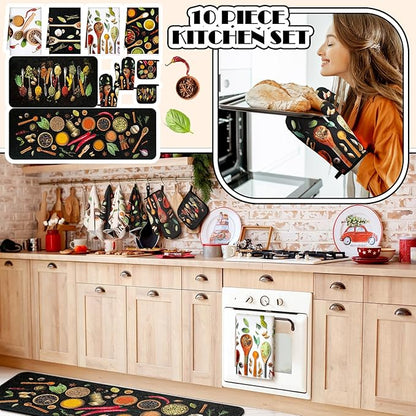 Fourluoo 10 Pcs Farmhouse Kitchen Decor and Accessories Set 4 Kitchen Towels 2 Pot Holders 2 Oven Mitts 2 Rugs for Cooking Baking Mom Housewarming Gifts(Vivid Color,Colorful Spices) - Image 2