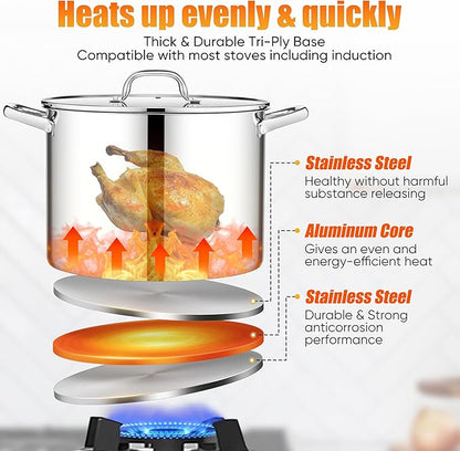 E-far 16 Quart Stainless Steel Stock Pot, Large Heavy Duty Induction Stockpot with Glass Lid for Cooking Soup Canning, Thick Tri-Ply Bottom & Riveted Handle, Compatible with All Stove, Dishwasher Safe - Image 3