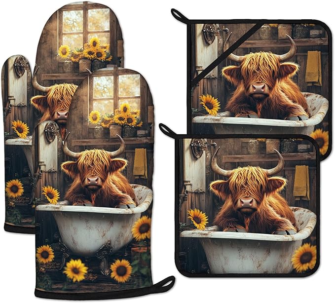 Highland Cow Sunflower Oven Mitts and Pot Holders Sets Heat Resistant 4Pcs Potholders Oven Gloves Hot Pads for Kitchen Baking Cooking Grilling BBQ