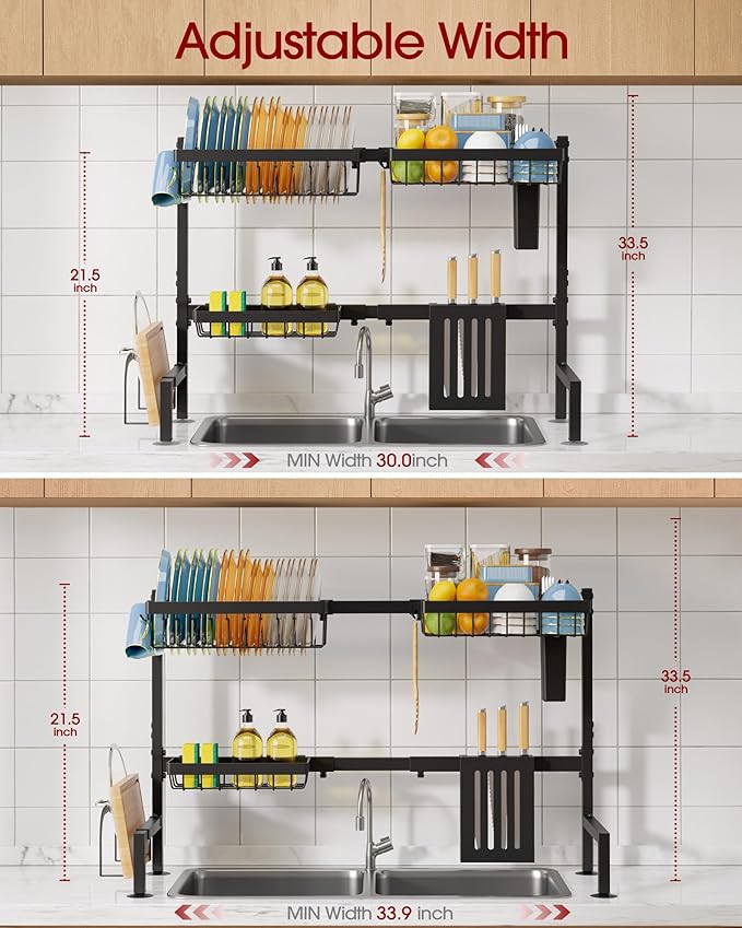 Sakugi Dish Drying Rack - Over the Sink Dish Drainer Drying Rack with Utensil & Knife Holder, Hooks, Stainless Steel Kitchen Organizers and Storage Solution, 11" D x 30.5"~34''W x 21.5" H, Black - Image 2