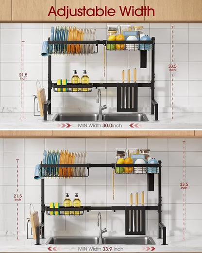 Sakugi Dish Drying Rack - Over the Sink Dish Drainer Drying Rack with Utensil & Knife Holder, Hooks, Stainless Steel Kitchen Organizers and Storage Solution, 11" D x 30.5"~34''W x 21.5" H, Black - Image 2