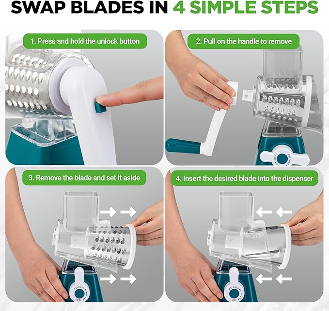 NutriChef 3 in 1 Cheese Grater & Shredder | Strong Suction Base, Rotary Handle with Safety Lock | Includes Hand Crank & 3 Drum Blades for 3 Textures, Fine, Medium & Strips | Green - Image 3