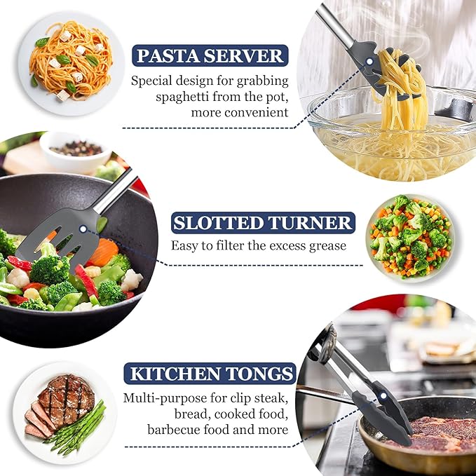 TeamFar Kitchen Utensils, 8PCS Silicone Utensils Kitchen Tools Set with Stainless Steel Handle, for Nonstick Cookware Frying Flipping Draining, Healthy & Anti-heat, Nonstick & Dishwasher Safe - Gray - Image 4