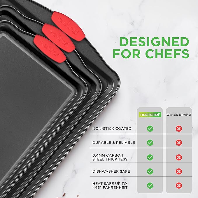 NutriChef 3-Piece Cookie Sheets for Baking, Non-Stick Baking Pans Set with Silicone Handles, Stackable Oven Trays in Small, Medium & Large Sizes for Professional and Everyday Use, 2026 Edition - Image 6