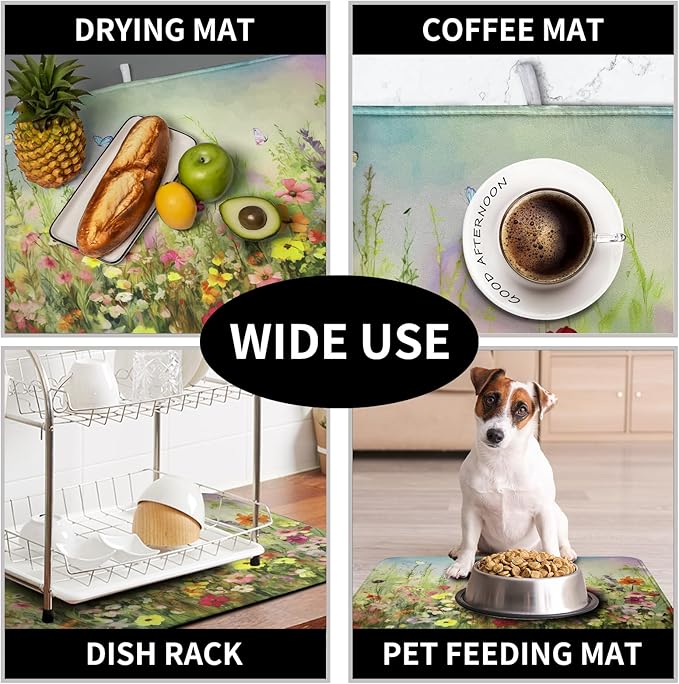 Spring Floral Dish Drying Mat for Kitchen Counter 18x24 Inch Sage Green Wild Flowers Drying Mats Spring Summer Plant Microfiber Absorbent Large Dish Rack Pad for Coffee Bar Sinks Home Accessories - Image 7
