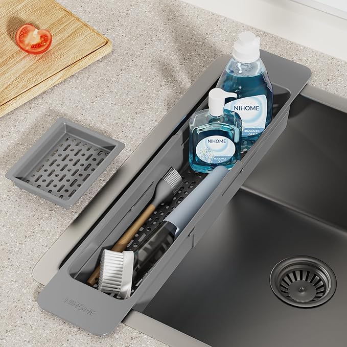NiHome Extendable Sink Kitchen Organizer, Extra Long Telescopic Brush Storage Rack for Sponge, Non-Slip Pads Expandable Sink Caddy, Adjustable Brush Rack with Drainage Durable ABS (Dark Gray) - Image 2