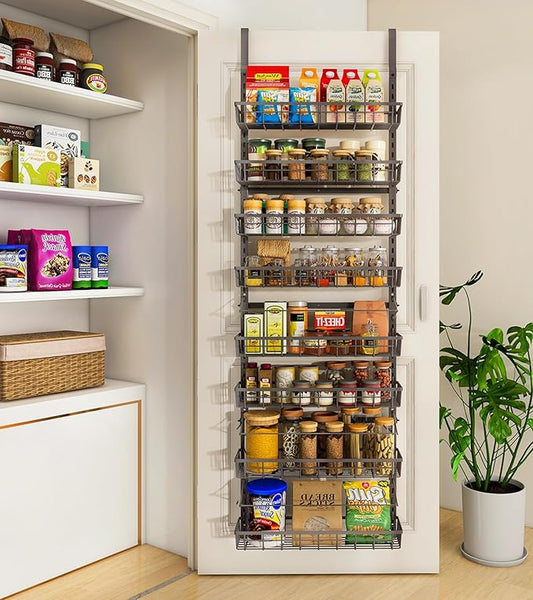Mefirt Over The Door Pantry Organizer, Wall Mount Spice Rack, Pantry Hanging Storage and Organization, 8 Adjustable Baskets Heavy-Duty Metal for Home & Kitchen, Back of Door Seasoning Rack - Black by Mefirt