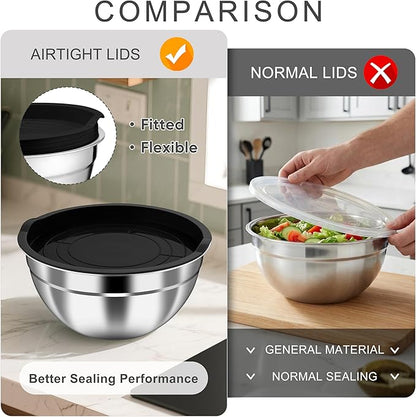 HaWare Mixing Bowls with Airtight Lids, 6-Piece Stainless Steel Salad Bowls, Strong Nesting Bowls for Cooking, Prepping, Baking, Serving & Food Storage, Stackable Design, Size 4.6, 3, 1.5QT, Black - Image 5