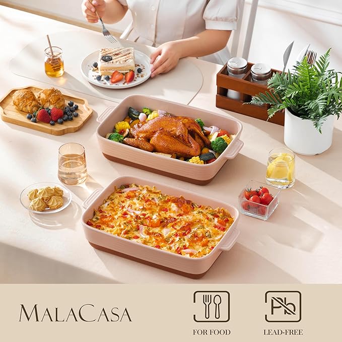 MALACASA 4.8 Qt Ceramic Oven Dish with Handles, 9 x 13 Inch Baking Dish Casserole Dishes, Deep Rectangular Lasagne Dishes Bakeware for Roasting (Khaki & Pink), Series TARA - Image 3