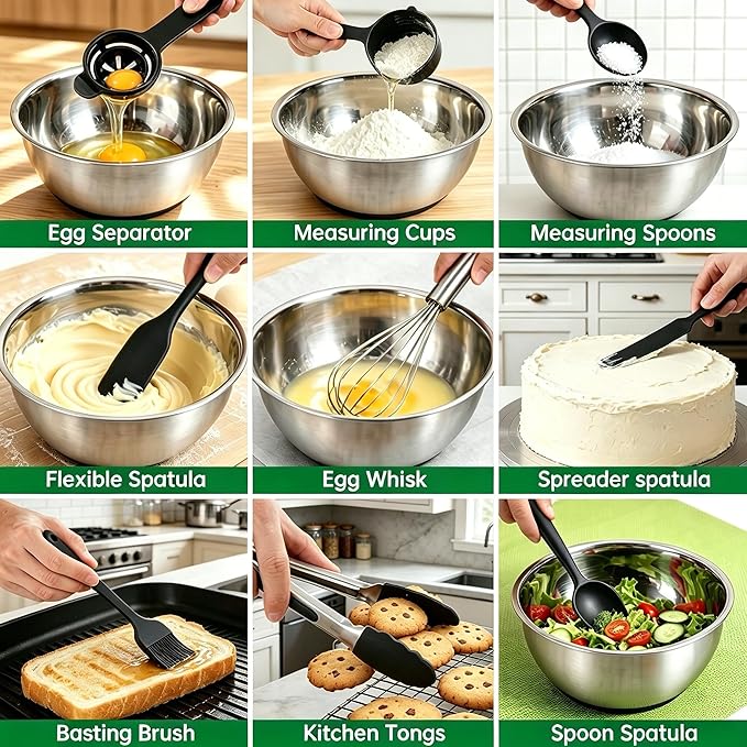 Deedro Premium Mixing Bowls with Airtight Lids Set, 22Pcs Thicker Stainless Steel Mixing Bowl Set, Large Prep Metal Bowls, Non-Slip Silicone Base Nesting Bowls for Kitchen, 1.5/2/3/4/5 QT, Black - Image 6