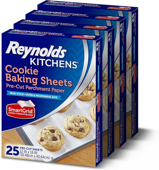 Reynolds Kitchens Cookie Baking Sheets, Pre-Cut Parchment Paper, 25 Count per Pack (Pack of 4), 100 Sheets Total by ReynoldsConsumerProducts