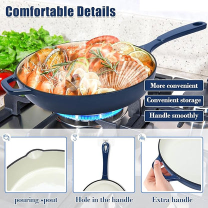 Hisencn Enameled Cast Iron Skillet Set - 3 Piece Ceramic Coated Fry Pan Set(8'',9.5'' 11''), PFAS/PTFE/PFOA Free, Oven & Induction Safe, Navy Blue Cookware for Gas/Electric Stovetop