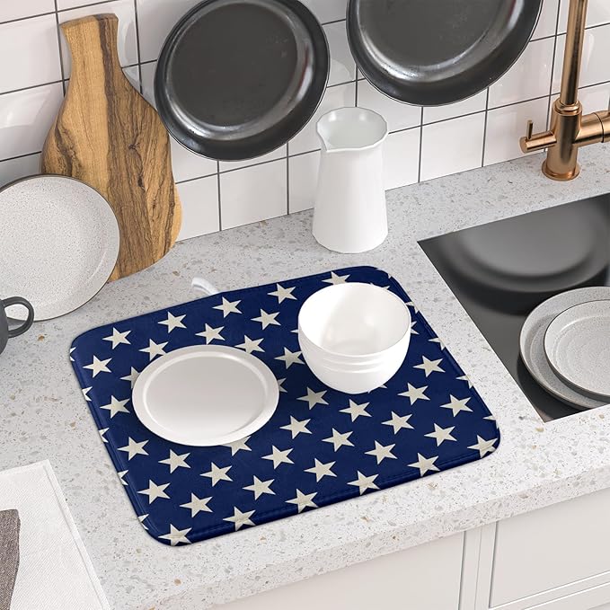 Patriotic July of 4th Blue Star Dish Drying Mat for Kitchen Counter 16x18 Memorial Independence Day Absorbent Reversible Microfiber Drying Mats Kitchen Countertop Protector Dishes Drainer Pad - Image 6