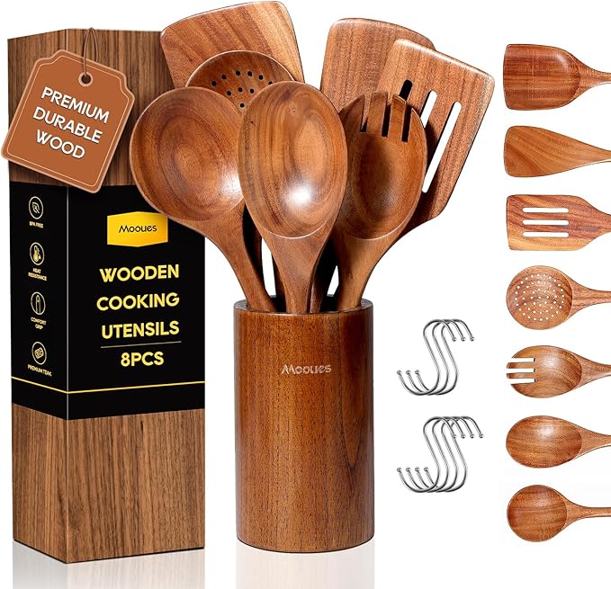 Wooden Spoons for Cooking, 8 PCS Teak Wood Cookware Utensil Set with Hooks - Smooth Finish, Non-Stick, Comfort Grip Cooking Spoons and Utensils Holder by Mooues