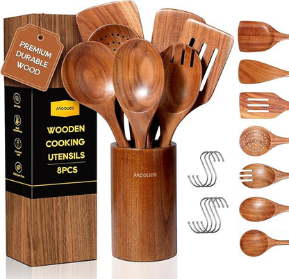 Wooden Spoons for Cooking, 8 PCS Teak Wood Cookware Utensil Set with Hooks - Smooth Finish, Non-Stick, Comfort Grip Cooking Spoons and Utensils Holder by Mooues