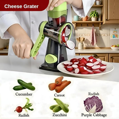 INCITATUS - Cheese Grater Hand Crank - Rotary Cheese Shredder - 3 Interchangeable Stainless Steel Blades & Strong Suction Base - Parmesan Vegetable Grater - Manual Kitchen Vegetable Slicer