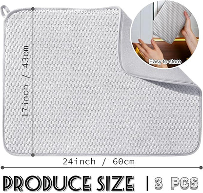 3 Pcs XXL Dish Drying Mat,Absorbent Microfiber Dishes Drainer Mats,Large Size 24×17" Pads for Kitchen Counter,Coffee,Rack,Under Sink,Light Gray - Image 2