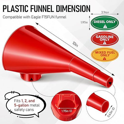 Plastic Funnel for Type I Metal Safety Cans, Compatible with Eagle F15FUN, Fits 1/2/5 Gallon Cans, 10" HDPE Funnel, Includes Diesel Only, Gasoline Only, Mixed Fuel Stickers(2 Pack,Red)