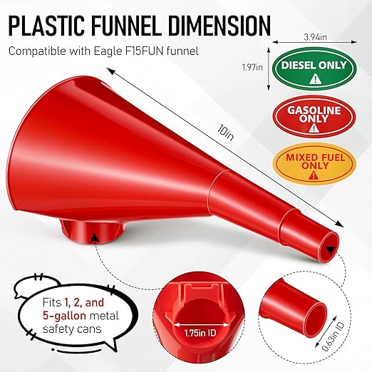 Plastic Funnel for Type I Metal Safety Cans, Compatible with Eagle F15FUN, Fits 1/2/5 Gallon Cans, 10" HDPE Funnel, Includes Diesel Only, Gasoline Only, Mixed Fuel Stickers(1 Pack,Red)