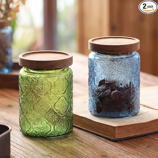 Willinglong 2 Pack 23.7oz Colored Vintage Glass Storage Jars with Wooden Lids Embossed Floral Decorative Canisters for Kitchen Countertop Airtight Container for Sugar Cookie Coffee Tea (Green, Blue) by Willinglong