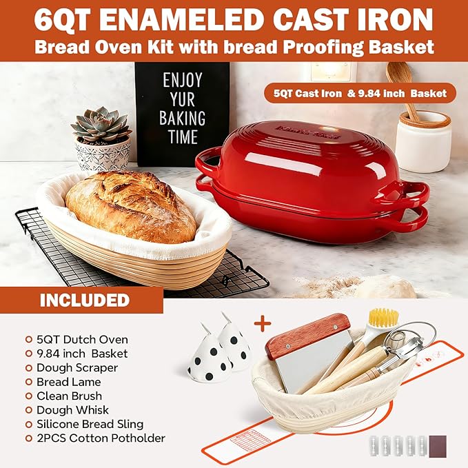 Enameled Cast Iron Sourdough Bread Oven, Dutch Oven, incl. Sourdough Bread-Baking Supplies like Banneton Bread-Proofing Basket - 5QT Loaf Cast Iron Bread Pan for Homemade Bread Baking, Red Meatloaf Pan with Lid - Image 2
