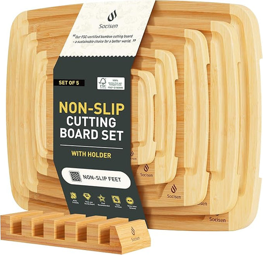 Bamboo Cutting Board Set Non Slip Feet with Holder Over Sink Wooden Cutting Boards Eating Grilling Biard Cutboard Biard Chtting Woodcutting Cuttingboards Voard Oard Bord 12x18 11 x 14 Baords Baord by Socisen