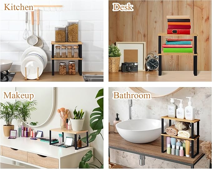 Marsui 4 Pcs Kitchen Organizer Accessories Set Cabinet Organizer Shelf and Bamboo Dish Drying Plate Rack Counter Shelves Storage Holder for Spice Rack, Dish, Pot Lid, Bowl, Cup(Light Color) - Image 7