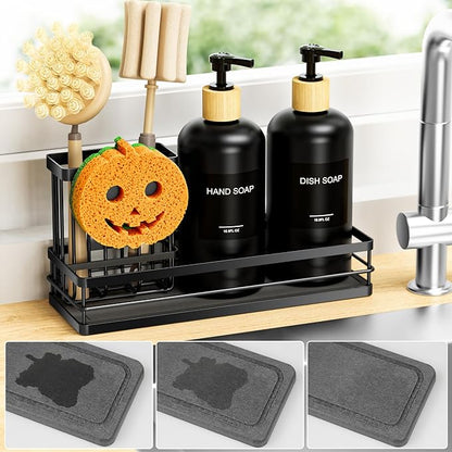 Moforoco Kitchen Dish Soap Dispenser Set, 16OZ Glass Bottle, Hand and Dish Soap Dispenser Set, Instant Dry Tray, Brush Holder with Smiley Face Sponge Holder (Black Tray+Black Bottle+Labels) - Image 4