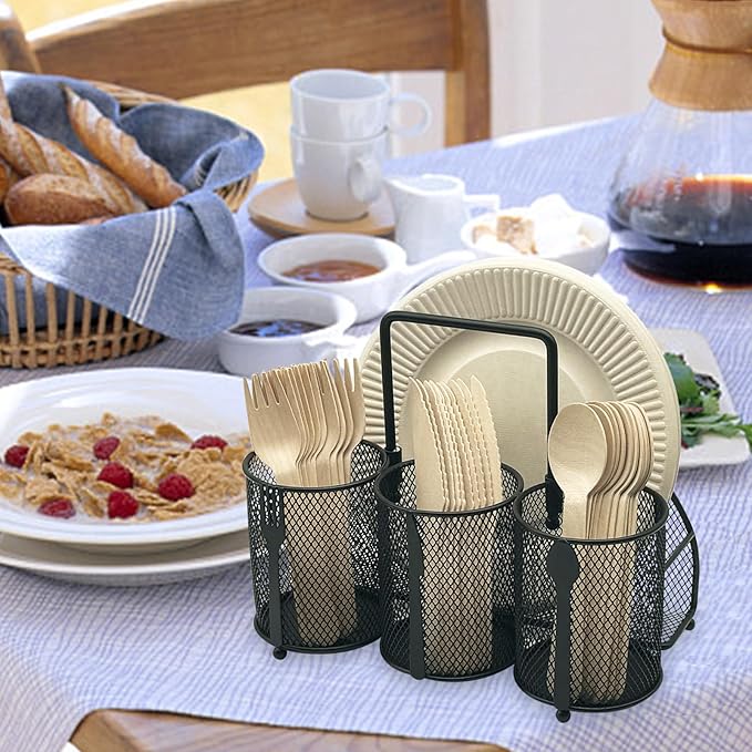 DysanVica Utensil Caddy Silverware Holder - 4 Compartment Metal Mesh Cutlery Fork Spoon Napkin Plate Organizer Flatware Storage Basket Party Kitchen Countertop Buffet Picnic Camping Outdoor BBQ Black - Image 5
