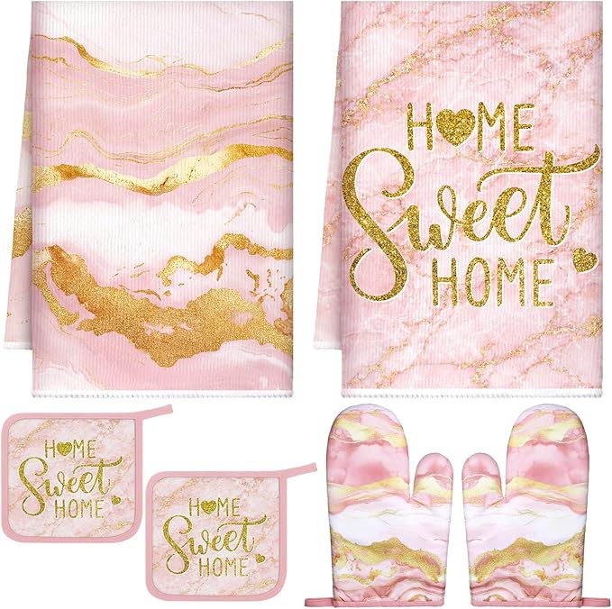 Bencailor Light Pink 6 Pcs Marble Kitchen Decor Gold Pot Holders Oven Mitts 2 Dish Towels 2 Farmhouse Cooking Mittens Oven Glove and Potholder for Baking Cooking Grilling Supply Accessories