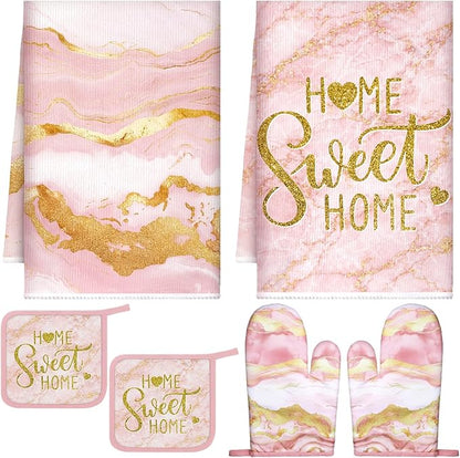 Bencailor Light Pink 6 Pcs Marble Kitchen Decor Gold Pot Holders Oven Mitts 2 Dish Towels 2 Farmhouse Cooking Mittens Oven Glove and Potholder for Baking Cooking Grilling Supply Accessories