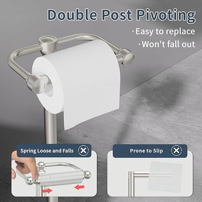 RARXTR Toilet Paper Holder Stand, Post Pivoting Design Free Standing Toilet Paper Holder, SUS304 Stainless Steel Toilet Paper Roll Holder, Heavy Stable Base (Brushed Nickel)