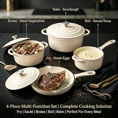 QuliMetal Enameled Cast Iron Cookware Set, 4-Piece Pots and Pans Set with Lids, 10.25" Skillet, 2QT Saucepan, 2.8QT & 4.8QT Dutch Ovens, Oven Safe to 500°F, All Stovetops Compatible - Cream White