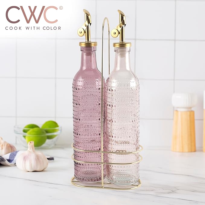 COOK WITH COLOR Glass Olive Oil Bottle Dispenser - 2 Pack- 17oz Oil and Vinegar Cruet - Olive Oil Carafe Decanter for Kitchen, Champagne Bubbles, Pink - Image 6