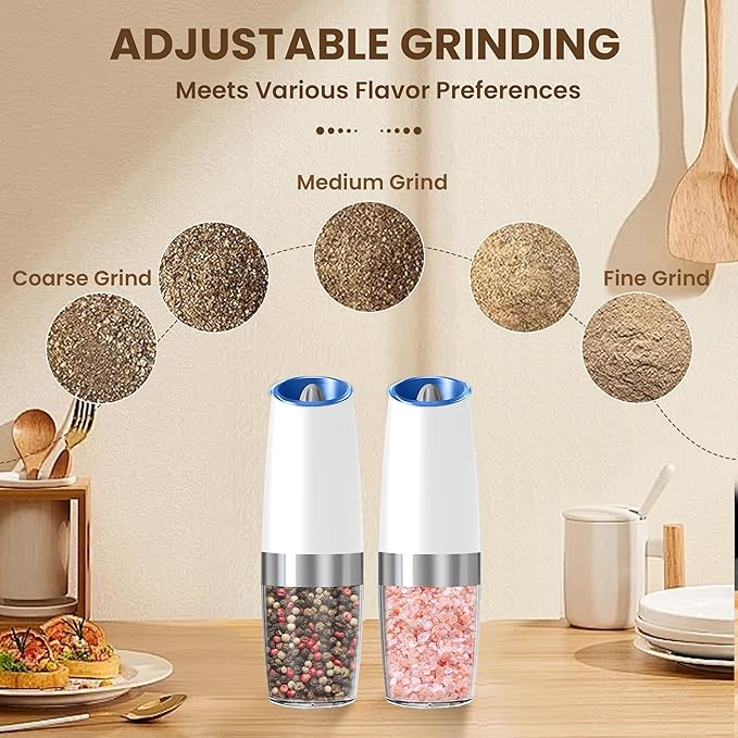 Gravity Electric Salt And Pepper Grinder Set, Automatic Salt And Pepper Grinder Set, Battery Powered (6 AAA Batteries Each), Adjustable Roughness, LED Light, 2 Pack, (White) - Image 3