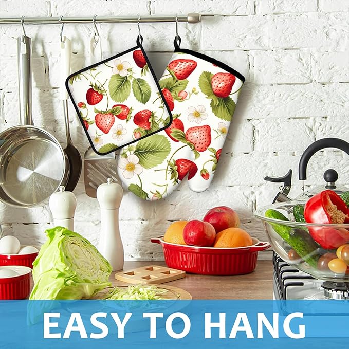 Red Strawberry Flower Oven Mitts and Pot Holders Sets Heat Resistant 4Pcs Potholders Oven Gloves Hot Pads for Kitchen Baking Cooking Grilling BBQ