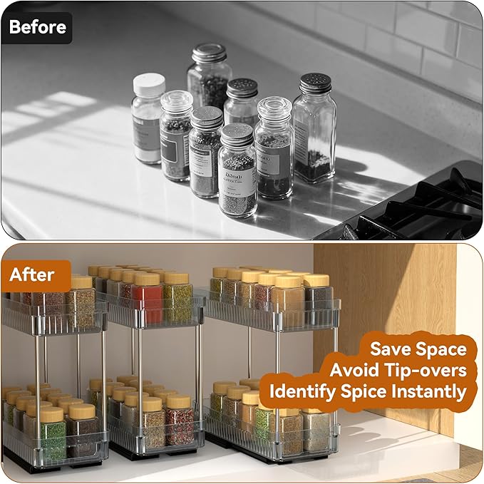 DABIGE 2 Pack Pull Out Spice Rack Organizer for Cabinet, 2 Tier Slide Out Spice Racks Organizer, Spice Cabinet Organizers, Cabinet Size Need:12'' High x 11'' Deep x 5'' Wide, Clear Acrylic - Image 8