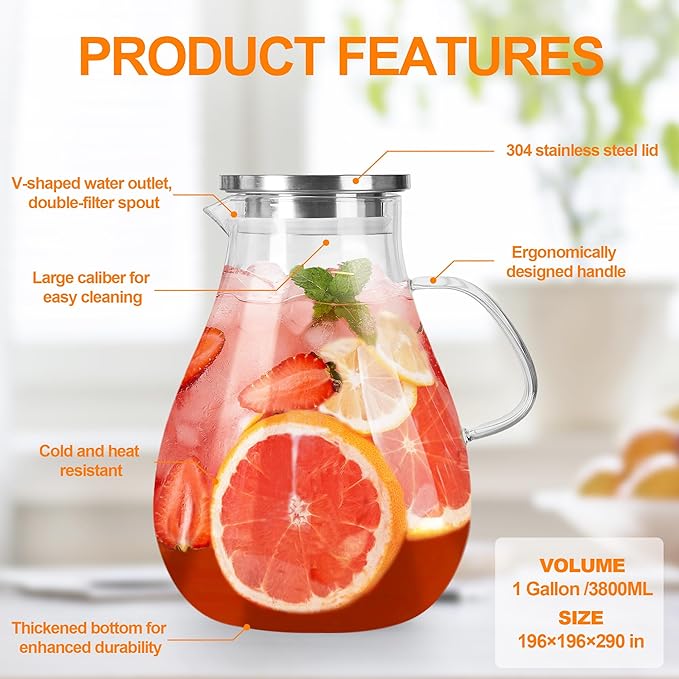 1 Gallon Glass Pitcher with Lid and Handle, Hot & Cold Water Jug, Extra-Wide Mouth Beverage Carafe for Juice, Iced Tea & Drinks - Image 2