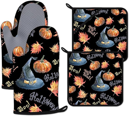 Halloween Pumpkin Autumn Maple Leave Oven Mitts and Pot Holders Sets Heat Resistant 4Pcs Potholders Oven Gloves Hot Pads for Kitchen Baking Cooking Grilling BBQ