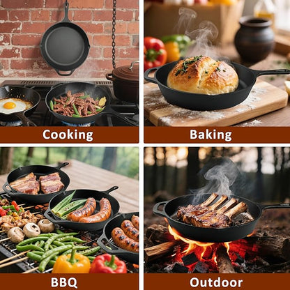 Cast Iron Skillet 3-Piece Set, 6", 8", 10" Frying Pans, Heavy-Duty Pre-Seasoned Pan Cookware Set, For Frying, Saute, Cooking, Pizza & More, Black - Image 5