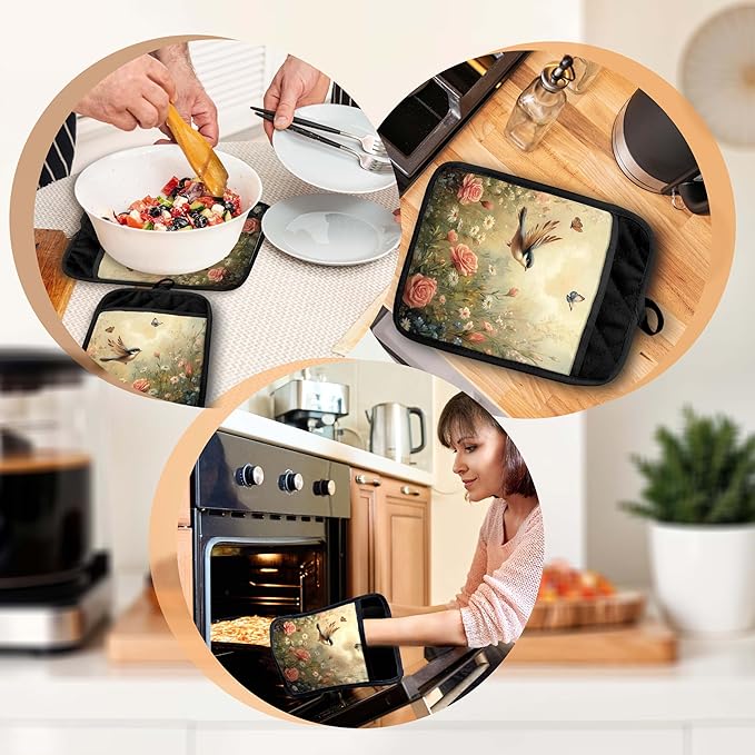 Rustic Floral Bird Pot Holders with Pockets, Cottagecore Wildflower Butterfly Oven Pot Holders Heat Resistant Oven Mitts Hot Pads for Kitchen Baking Cooking