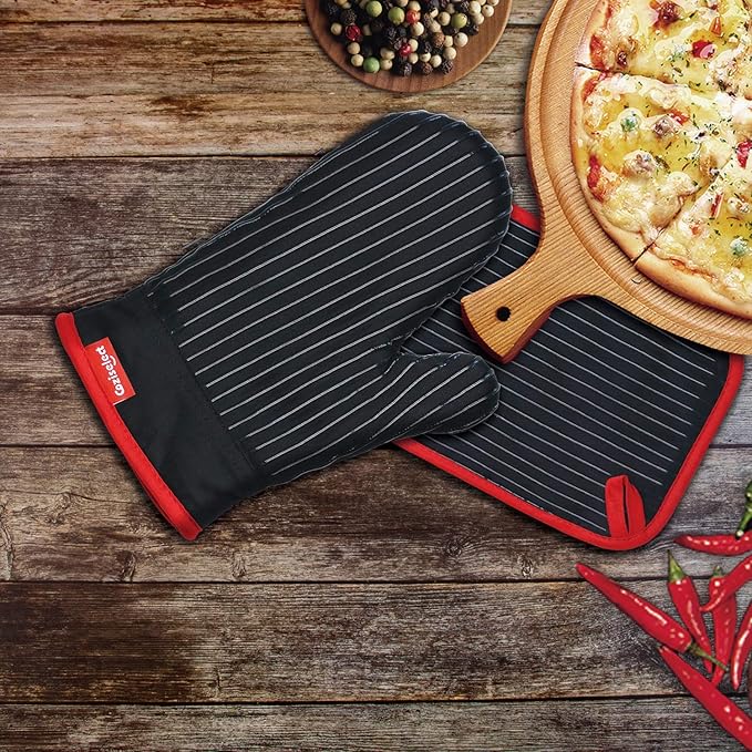 Oven Mitts and Pot Holders Set, Cooking Mitts, Heat Resistant Cooking Mitts and Pot Holders, Silicon Oven Gloves Set for Kitchen, Pure Cotton and Terrycloth Lining, Black, 4 Pcs Set - Image 2