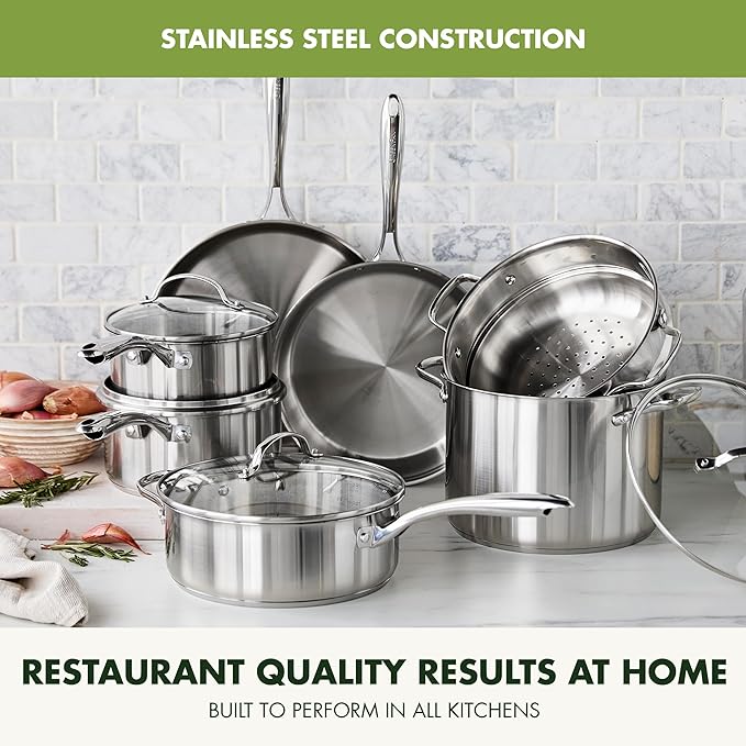 GreenPan Stainless Steel Cookware Set, 11 Piece, Induction Cookware, Dishwasher Safe, Oven Safe to 600F, Large 8QT Stock Pot, Sauce, Saute, Frying Pans, Pots & Pans Kitchen Essentials, Silver - Image 2