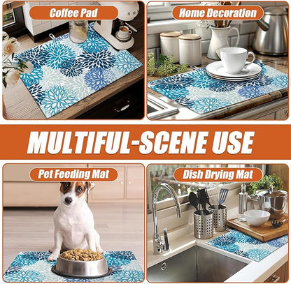 Blue Floral Dish Drying Mat for Kitchen Counter Microfiber Absorbent Dish Kitchen Drying Mat Draining Reusable Washable for Dishes/Utensils/Counterto