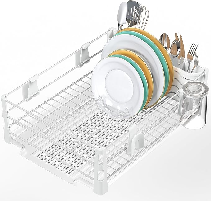 Simple Houseware White Dish Drying Rack with Drainboard, Utensil Holder & Mug Hooks – Metal Kitchen Counter Organizer by SimpleHouseware