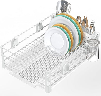 Simple Houseware White Dish Drying Rack with Drainboard, Utensil Holder & Mug Hooks – Metal Kitchen Counter Organizer by SimpleHouseware