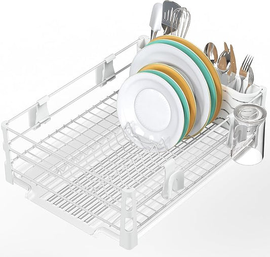 Simple Houseware White Dish Drying Rack with Drainboard, Utensil Holder & Mug Hooks – Metal Kitchen Counter Organizer by SimpleHouseware