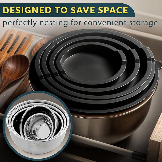 Baker's Signature Stainless Steel Mixing Bowls with Lids Set, 5 Sizes, 3 Graters, Non-Slip Base, Airtight Lids, Metal Mixing Bowls for Kitchen, Food Prep, Storage, 0.63QT-5QT, Black - Image 5